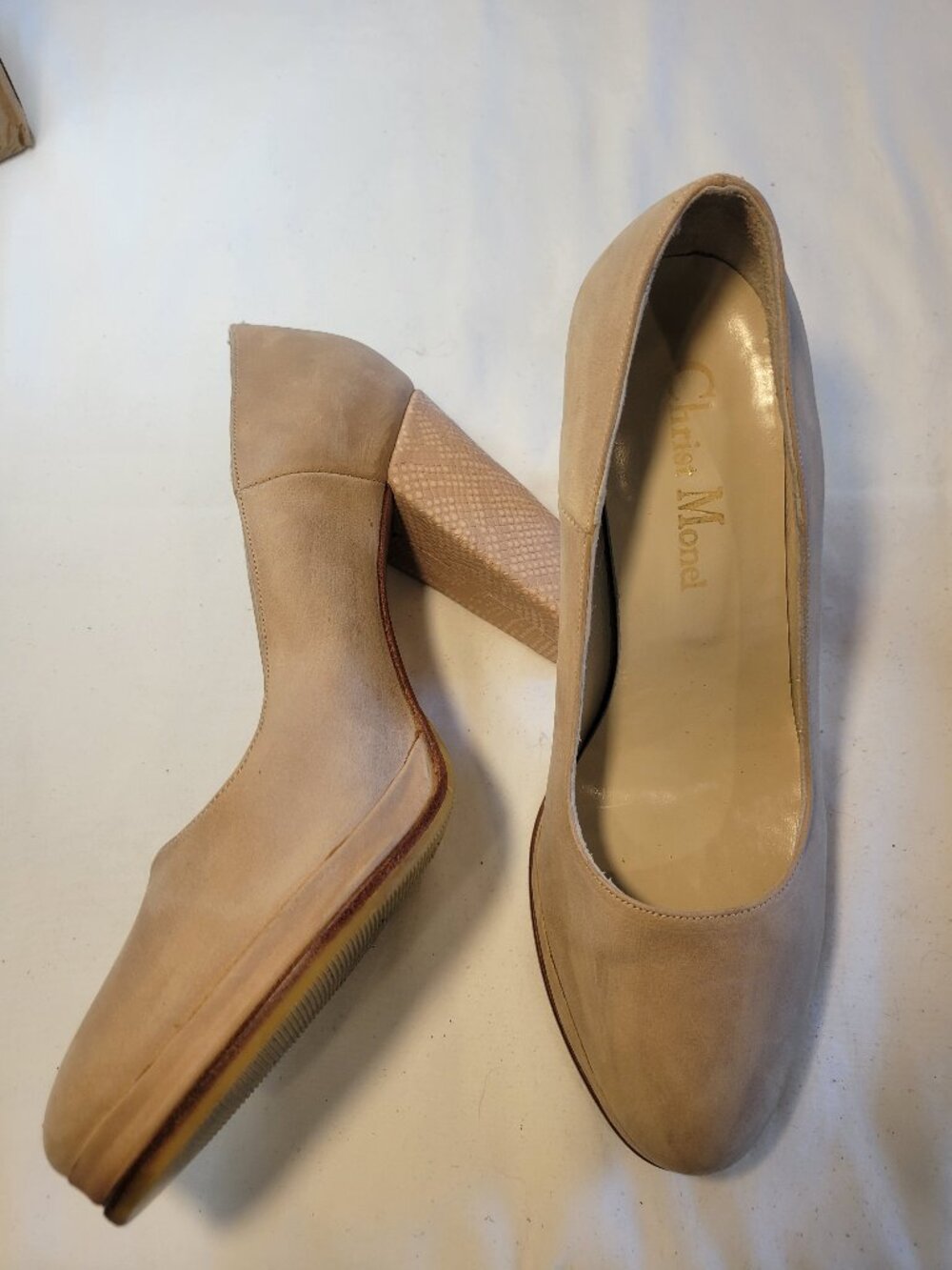 Christ Mondl Nude Leather Platform Pumps Reptile Block Heel Size 7